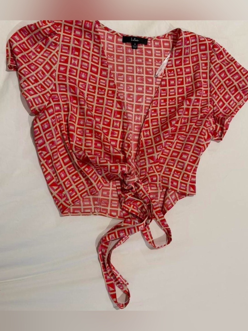 Lulu's Pink & Red Geometric Tie-Front Crop Top